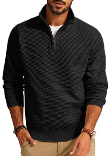 PJ PAUL JONES Troyer Herren Strickpullover mit Reissverschluss Winter Pullover V Ausschnitt Schwarz M