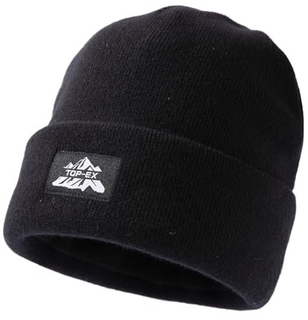 TOP-EX Großer Kopf 100% Merinowolle Strickmütze Herren Damen Fleece Wintermütze Warme Winddicht Atmungsaktiv Mütze Beanie für Running Ski Wandern Schwarz XL XXL