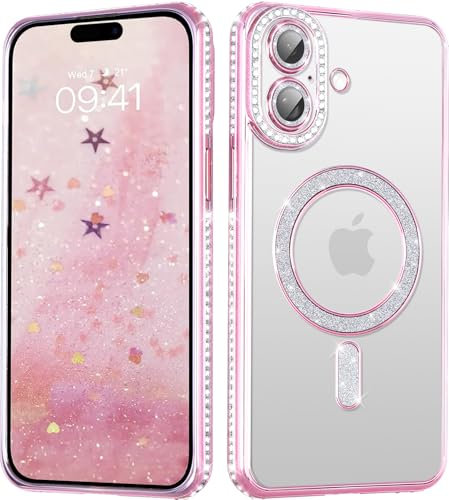 Coalbooliy Cover per iPhone 16 Plus 6,7 Custodia Diamante Glitter Brillare [Compatibile con Mag-Safe], Elettroplaccata Magnetica Trasparente Silicone Case Ragazza Scintillante Luccicanti, Rosa