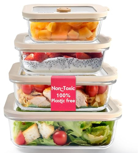 Ziruma Non-Toxic Glass Food Containers with Lids, 4-Pack, 1L, BPA-Free (Multi Size)