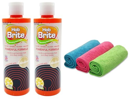 Hob Cleaner, Hob Brite Original Ceramic, Electric, Halogen and Induction Hob Cream Cleaner (250ml, Pack of 2) and Microfibre Cloths
