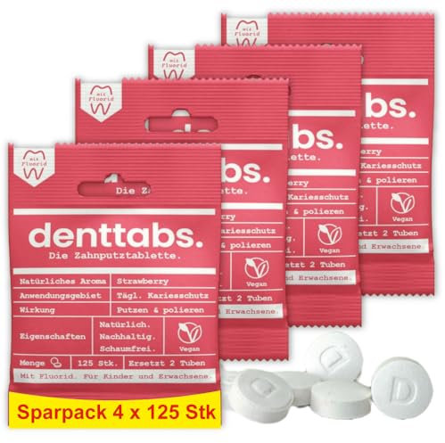 Denttabs Zahnputztabletten Erdbeergeschmack 4x125 Stk. die vollwertige Alternative zur Zahnpasta, mit angepasstem Fluoridgehalt für Kinder VEGAN Plastikfrei ohne Konservierungsstoffe. kompostable Bag