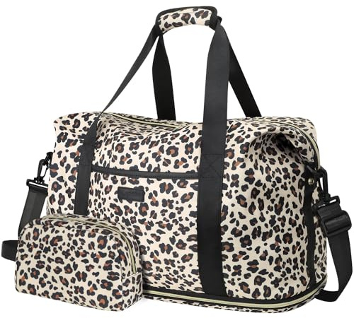 Expandable Travel Duffle Bag, Waterproof Weekender Overnight Bags for Women Men Hospital Bag for Women Labor Delivery Carry on Bag with Toiletry Bag for Travel Gym Airplanes(Leopard, Large)
