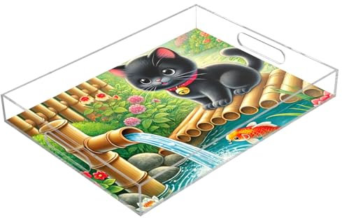 Schwarzes Kätzchen im Garten, Acryl-Tablett mit Griffen, dekorative Tabletts für Heimdekoration, 39 x 30 cm