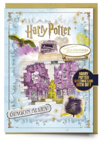 Harry Potter Diagon Alley Weihnachtsgrußkarte mit Olivander-Schild, Anstecknadel