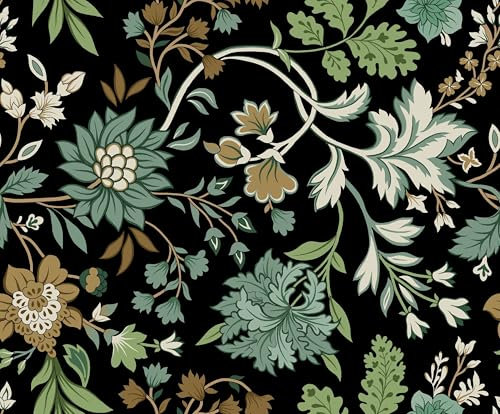 Papier peint à décoller et à coller - Motif floral vintage bohème - 44,5 x 300 cm - Fond noir - Fleurs vertes et feuilles - Papier peint autocollant amovible en vinyle imperméable pour chambre à