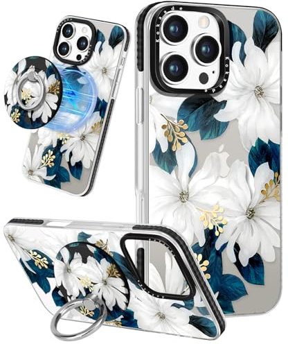 Kokaade for iPhone 16 Pro Max Case for Women Girls - Cute Kawaii Blue Flower Design Compatible with Magsafe for Magnetic Ring Holder Stand Phone Cover Girly TPU Funda for iPhone 16 Promax