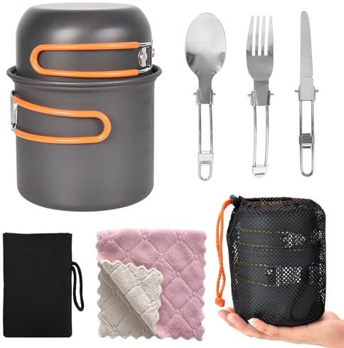 Camping Geschirr Set, Camping Topf aus Aluminium mit EIN Lappen, Orange Faltbar Camping Kochgeschirr Set mit Edelstahl Besteck Trinkbecher Mini Campingkocher für Wandern, Outdoor, Kochen, Picnick