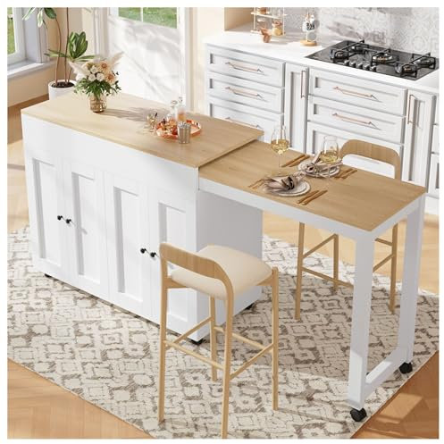 Wyibwy Mesa de bar extensible (118 – 180 × 50 × 94 cm), isla de cocina extensible con espacio de almacenamiento, con seis estantes, mesa de bar para comedor, divisor de habitación, color blanco