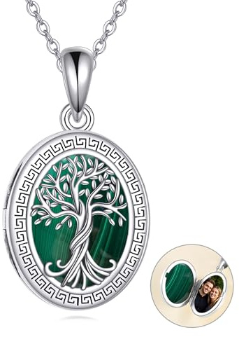 ONEFINITY Baum des Lebens Medaillon Kette mit Malachit 925 Sterling Silber Medaillon Anhänger Fotoschmuck Geschenk für Damen Herren