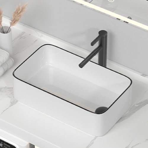 Lavandino Da Appoggio For Bagno Con Rubinetto, Lavabo In Ceramica For Balcone, Lavabo Moderno Da Bagno, Lavabo Da Appoggio Sopra Il Piano Sopra La Lavatrice(Black edges B,48x28.5x14cm)
