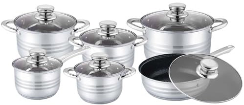 Crystals 12Pcs Induction Hob Pan Set – Stainless Steel Cookware Set with Glass Lids – Mirror Polished Cooking Pots, Casserole Pot with Lid – Oven & Dishwasher Safe Kitchen Set