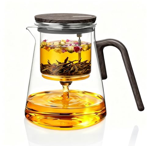 Tetera de Cristal con infusor de cristal para té a Infusiones，Magnética Flujo hacia abajo，Tetera mágica, Mango con diseño de vetas de madera de nogal, regalos para los amantes del té-800ML