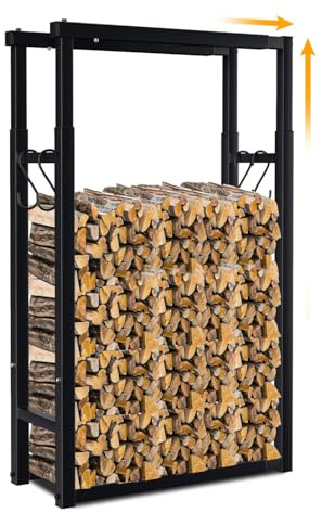 Ansobea Verstellbare Kaminholzregal Metall,9 Größen Einstellbar,mit 4 Haken, Brennholzregal Feuerholzregal Innen und Aussen,Verstellbare Länge: 60-100cm