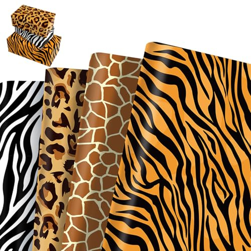 12 Geschenkpapier mit Tiermotiven, Dschungeltiere Geschenkverpackung, Tiermotiv Geschenkpapier Geburtstag, Giraffe, Zebra, Leopard, Tiger Geschenk Papier für Dschungel Mottoparty Deko