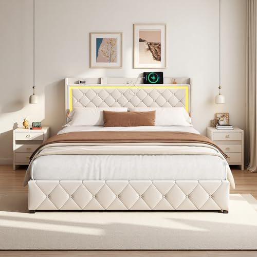 Gepolstertes Bett 160x200 mit LED-Beleuchtung & Kopfteil, Boxspringbett mit USB Ladestation, Polsterbett Stauraumbett mit Schubladen & Holzlattenrost, Doppelbett, Jugendbett Samt,ohne Matratze Beige