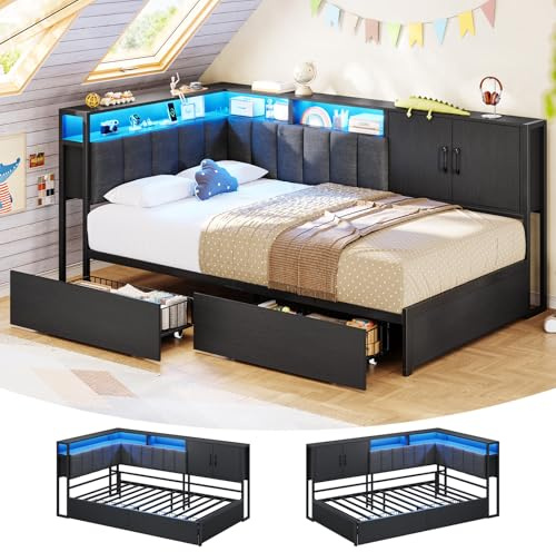 KIMENICH Polsterbett Schlafsofa 90x200 mit LED-Beleuchtung, Ladestation, Tagesbett, Jugendbett mit 2 Schubladen und Lattenrost aus Metall, Kopfteil mit Offenem Regal, Schrank, Schwarz