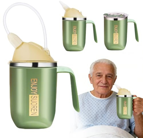 Nzkeuf Elderly Leak-Proof Straw Cup with Handle, 400ml Non-Spill Sippy Cup for Adults, Senior Drinking/Feeding Cup, Adult Hydration Caregiver Cup with 30cm Straw and Grip Handle, Easy to Use & Clean