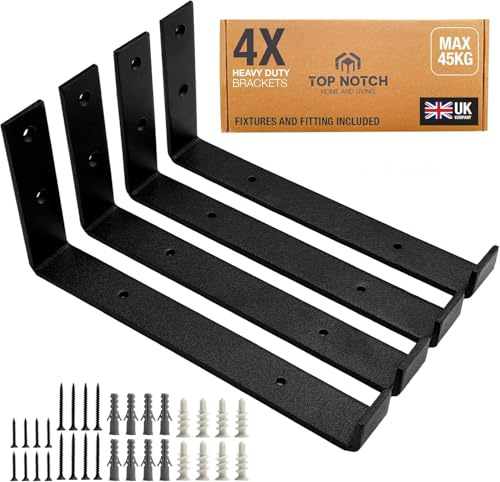 Top Notch Home and Living Set of Slim Shelf Brackets Heavy Duty, Metal Wall Brackets for Shelves, Scaffold Board Shelf Brackets, Strong Shelving Brackets (Black, Pack of 4 Up Brackets)