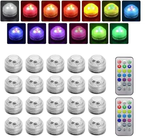 RNPKZ 20PCS Mini Submersible LED Light, Pool Lights with Remote Control, Waterproof RGB Colour Changing LED Tea Lights, Tub Lights Battery Operated for Pond Pool Fountain Aquarium Garden Party Decor