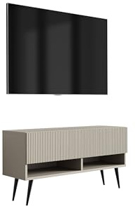 3E 3xE living.com TV-Schrank mit geriffelter Front, Kaschmir, Schwarze, schräge Beine, 100 × 32 × 52 cm