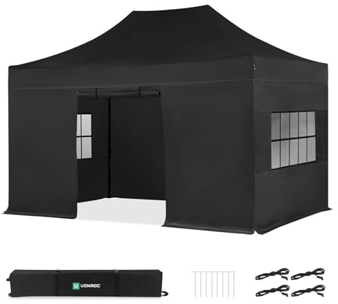 Vonroc Pavillon 3x4,5m wasserdicht stabil - Faltpavillon mit Seitenwänden | Popup Partyzelt modular erweiterbar - EasyUp System 3Min Aufbau, UV50+ extra robust - Festival Zelt, Gartenpavillon - Schwarz