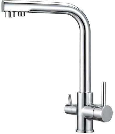 Hapilife 3 Way Kitchen Tap with Water Filter Dual Lever 2 Outlets Chrome | 304 Stainless Steel, 360° Swivel L-Shaped Spout, Triflow Kitchen Sink Mixer Tap, 3 in 1 Purified Drinking Water Taps Easy Fit