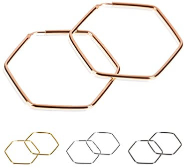 modabilé Creolen Hängend Sechseck Hexagon Damen Roségold Vergoldet (50mm) 925 Sterling Silber: Eckige Ohrringe Groß Edel Statement Ohrhänger Frauen