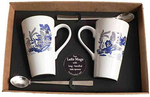 Willow Pattern Latte Mugs Set of 2 Gift Boxed with Spoons. Ceramic Latte Mug 3/4pt Capacity