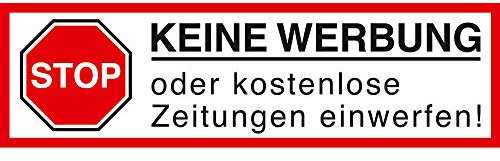 Keine Werbung! 1 weißer Briefkastenaufkleber 80x26 mm Aufkleber STOP Bitte keine Werbung und kostenlose Zeitungen einwerfen - Aufkleber für den Briefkasten