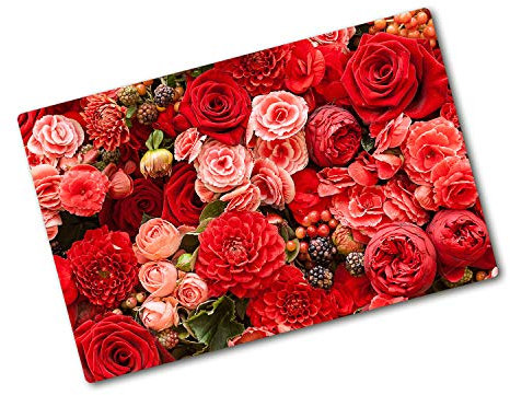 Tagliere in Vetro Temperato 80x52 cm da Cucina con Piedini Antiscivolo Durevole e Igienico Resistente al Calore con Stampe Facile da Pulire Rettangolare Antigraffio - Fiori rossi