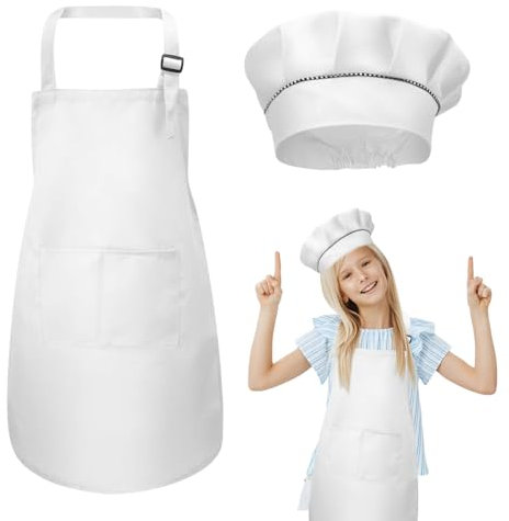 kissral Delantal para Niños + Gorro de Cocinero, Delantal de Cocina Infantil, Pintura, Manualidades, 4-12 Años, Azul