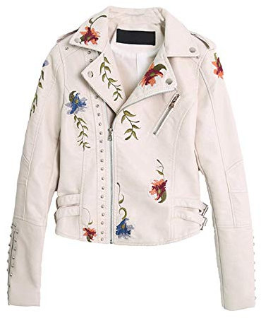 JLDP Blumige Lederjacke, Klassische Bikerjacke, Florale bestickte Kunstleder-Moto-Jacke für Damen, schmal geschnittene Biker-Kurzjacke mit Reißverschluss (White, L)