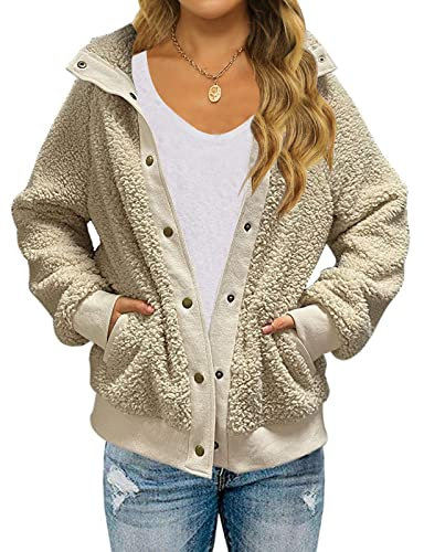 TECREW Damen-Winterjacke aus Sherpa-Fleece, Knopfleiste, lockere Passform, langärmelig, Outwear mit Taschen, Beige, S