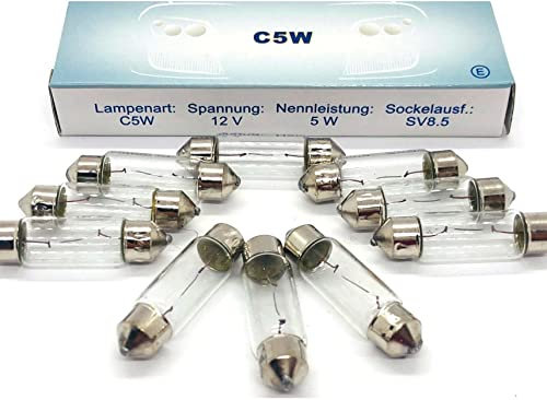 Maxxoni 10x Stück C5W 12V KFZ Auto Beleuchtung Glühlampe Autolampen Glassockel Long Life (10x C5W)