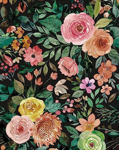 Watercolor Roses Wallpaper Peel and Stick Pink Blooms Wallpaper Waterproof Floral Nursery Wall Decor (Black Floral-14.5sq.ft)
