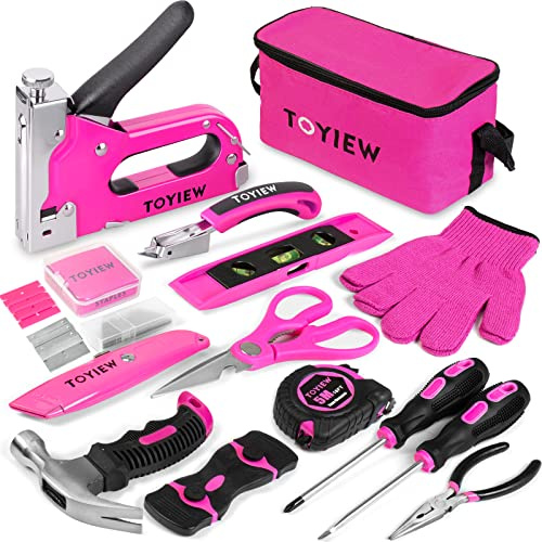 TOYIEW Pinkes Heftpistolen-Werkzeug-Set für Frauen, Damen-Werkzeugset für Zuhause mit 3-in-1-Heftpistole für Holz- und Heftklammerentferner, perfekt für Polster, Heimwerker, Kabeldraht, 33 Stück