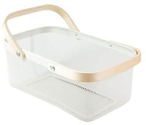 MACOIOR Portable Garden Basket-Mesh Design Natural Bamboo Handle Wire Storage Baskets,Mesh Basket with Handle Organize Items Reduce Space Occupation,Suitable for Kitchen,Garden,Picnic(White)