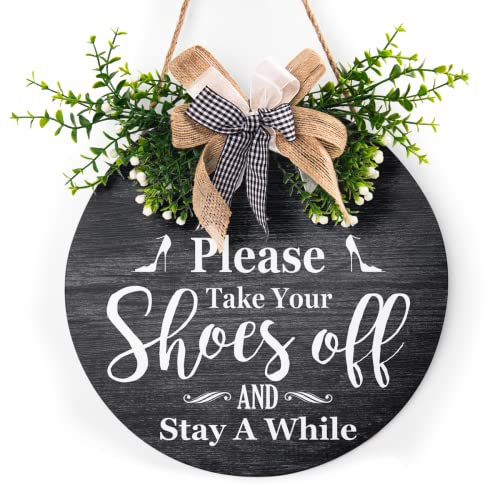 Take Off Your Shoes Door Sign Holiday Welcome Wood Plaque with Buffalo Check Plaid Bow 12in Please Remove Your Shoes Sign for All Seasons Farmhouse Home Front Porch Door Decoration(Stay a While)