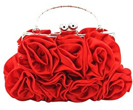 CORIOS Pochette da Donna in Raso Floreale con Paillettes, Borsa a Spalla con Catena a Petalo Elegante per Sposa, Tracolla per Ballo Cocktail Festa Rosso