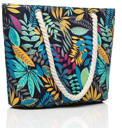 VOKUVIKU Blumen Strandtasche mit Reißverschluss Bunt Badetasche Seil Einkaufstasche Boho Sommer Shopper Damen für Strand Sport Einkaufen Schwimmen Tote Bag Große Shopper Damen, schwarz 02