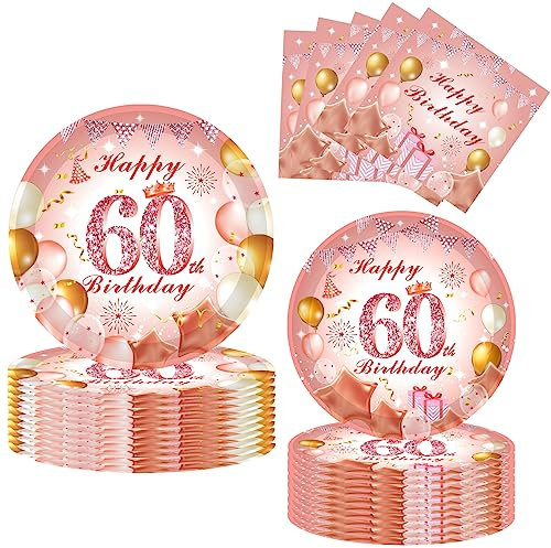 52Pcs 60th Paper Plates and Napkins Rose Gold,16 Guests Pink and Gold 60th Birthday Party Tableware Paper Plates and Napkins Set for Women 60th Birthday Gifts,Birthday Party Decorations Supplies