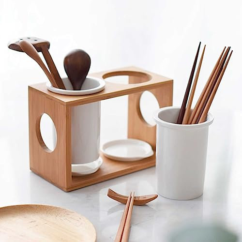 Escurridor de Cubiertos,cerámica Porta Utensilios de Cocina con 2 Compartimentos Soporte Utensilios Cocina Palillos,Cuchillos,Tenedores,Cucharas Porta Cubiertos Caja ce Drenaje 21*10.5*14cm