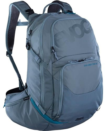 EVOC EXPLORER PRO 26, Rucksack (für kürzere Rückenlängen, AIR FLOW CONTACT SYSTEM, AIRO FLEX Hüftgurt, inkl. Trinkblasenfach für Trinkblasen bis 3l und Regenhülle, One Size), Stahl