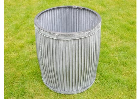 Small Galvanised Zinc Dolly Tub Metal Plant Pot, Large Grey Ribbed Planter Barrel Drum