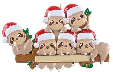 Personalisiertes Faultier-Ornament 2025, Faultier-Charakter, personalisierter Weihnachtsbaumschmuck, 6 Stück, personalisierbar, Waldtier-Dekoration