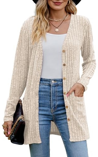 MYCOLORBLUE Alte Zeiten Strickjacken für Damen Elegant Cardigan Gerippt Langarm Knopfleiste mit Taschen Strickcardigan Beige L