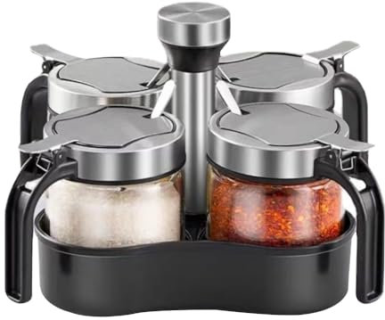 TINMIX Revolving Condiment Pots Sugar Bowl Salt & Pepper Cellar with Lid and Spoon, Set of 4 Seasoning Box Spice Jar with 360 Rotating Holder Tray for Kitchen, 4 Pots
