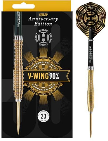 Harrows V-Wing 90% Tungsten Steel Tip Darts Set | Erhältlich in 21g, 23g & 25g | Inklusive gebogenem 'V-Wing' Barrel, Midi Supergrip Carbon Schäfte & Neue Harrows Anniversary 100 Mikron Flights (23g)
