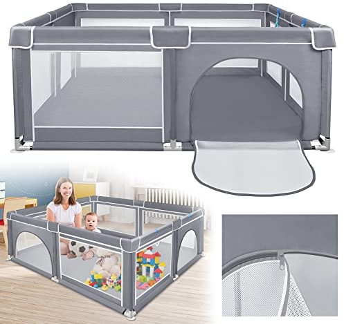 ACXIN Laufstall Baby Laufgitter 127x127x68cm mit Rutschfester Basis und Atmungsaktivem Netz, Stabiler Absperrgitter Aktivitätszentrum für Kinder, Grau